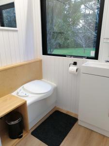 baño con aseo y lavabo y ventana en Creekside at Kuaotunu, en Matarangi