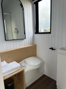 a bathroom with a toilet and a sink and a mirror at Rangiuru Stream Tiny home in Otaki Beach