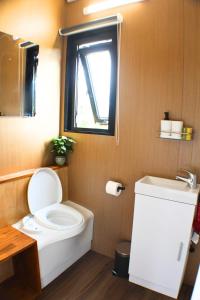 La salle de bains est pourvue de toilettes, d'un lavabo et d'une fenêtre. dans l'établissement Dairy Flat Farm Cabin 2, à Waitoki