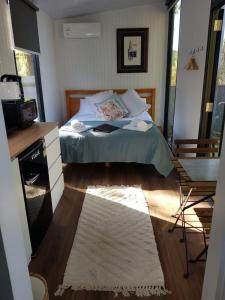 Dormitorio con cama, escritorio y TV en The Hide Away Cabin, en Redwoods Valley