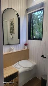 The Hide Away Cabin في Redwoods Valley: حمام مع حوض ومرآة