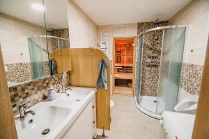 La salle de bains est pourvue d'un lavabo et d'une douche. dans l'établissement Apartment LeLa with Sauna, à Kranjska Gora