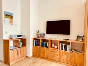 salon z telewizorem i półkami na książki w obiekcie Ferienwohnung Haus Feig w mieście Geyer
