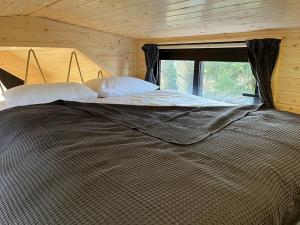 a large bed in a room with a window at Lisi Grun Tiny House in Sattledt