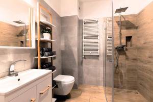 een badkamer met een douche, een toilet en een wastafel bij Marina Luna in Iława