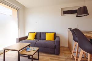 ein Wohnzimmer mit einem blauen Sofa und gelben Kissen in der Unterkunft L'Aindus de Brou- parking privé- RDC in Bourg-en-Bresse