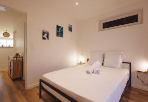 布雷斯地區布爾格的住宿－L'Aindus de Brou- parking privé- RDC，卧室配有一张带两个枕头的大白色床