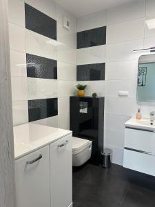 La salle de bains est pourvue de toilettes blanches et d'un lavabo. dans l'établissement Apartament NATURA z widokiem na jezioro, à Iława