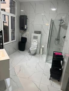 een witte badkamer met een toilet en een douche bij Romeo et juliette in Spa
