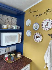 a kitchen with a microwave and plates on the wall at Escape to the Mountain in Halkyn