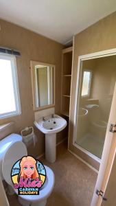 a bathroom with a sink and a toilet and a shower at The Cosalt Torbay Caravan in Ingoldmells