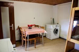 a kitchen with a table and a washing machine at Alpine chalet apt w/parking and porch in Meiringen