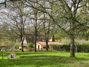 un cortile con alberi e una cuccia per cani nell'erba di Gîte du Gué Maraud a Magny-Lormes