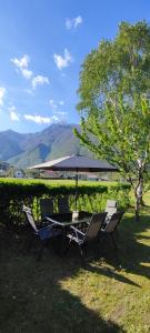 a table and chairs with an umbrella on the grass at Apartma Soča Oasis in Srpenica