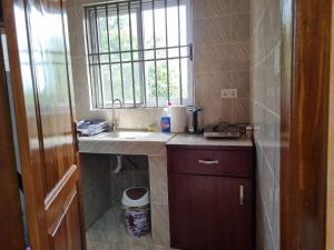 una pequeña cocina con fregadero y ventana en Cozy Escape in Accra by Manna Hospital en Accra