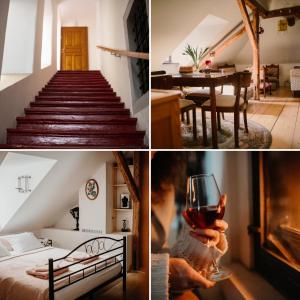 eine Collage aus Fotos mit einer Person, die ein Glas Wein hält in der Unterkunft Libling Podkrovný in Banská Štiavnica