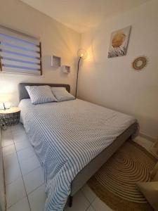 a bedroom with a bed with a blue and white comforter at Magnifique T2 - Le Lagon bleu in Le Grau-du-Roi +22 photos