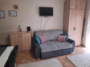 ein Wohnzimmer mit einem Sofa und einem TV in der Unterkunft Boróka 3 Apartman in Hajdúszoboszló