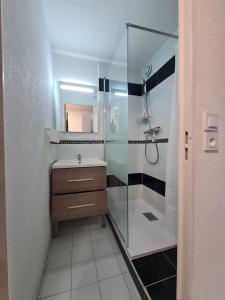 La salle de bains est pourvue d'une douche et d'un lavabo. dans l'établissement Magnifique T2 - Le Lagon bleu, au Grau-du-Roi