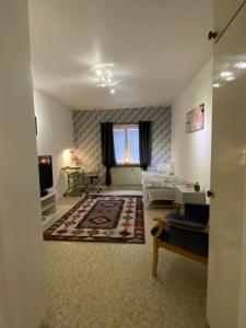 a living room with a bed and a television at Lägenheter Ljungaverk Apartments Ljungaverk in Ånge