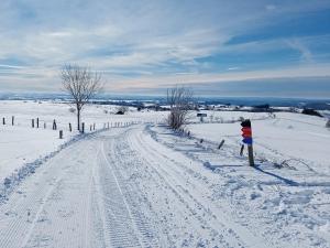 eine Person, die eine schneebedeckte Straße entlanggeht in der Unterkunft Gîte de Pailherols in Pailherols + 15 Fotos
