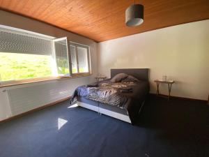 ein Schlafzimmer mit einem Bett in einem Zimmer mit zwei Fenstern in der Unterkunft le Relais du Doubs in Soubey