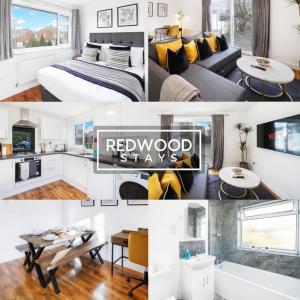 a collage of photos of a bedroom and a living room at Cozy 3 Bed House with X2 FREE Parking By REDWOOD STAYS in Farnborough