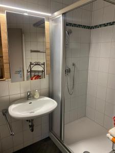 uma casa de banho com um lavatório e um chuveiro em Hansenbauernhof em Ruhpolding
