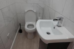 a white bathroom with a toilet and a sink at Kyoto House Central I Brand New Built House I 6 Guest I Contractors and Family Friendly in Derby
