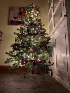 a christmas tree with lights on it in a room at Harvel Cottage in Paulton