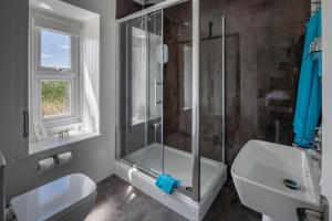 a bathroom with a shower and a toilet and a sink at Cosy Wolf Bed & Breakfast in Freshwater