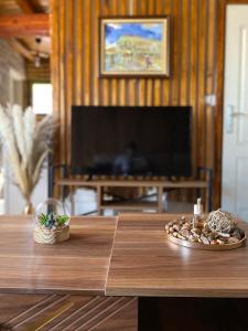 sala de estar con mesa de madera y TV en Skadar Lake Aparment Nikola II en Virpazar