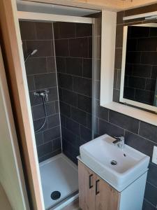 a bathroom with a sink and a shower at Tiny Haus Blanker Hans auf dem Campingplatz Strandgut in Cuxhaven +1 photo