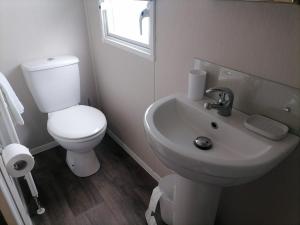 a white bathroom with a toilet and a sink at Rhodown - sun on the terrace all round in Hastings