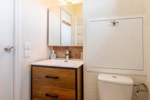 a bathroom with a sink and a toilet and a mirror at Les Marmottes in Selonnet