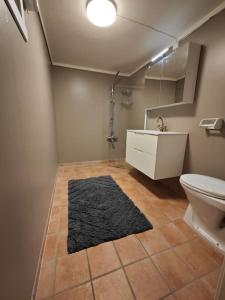 a bathroom with a toilet and a black rug at Rekkehus Tyssedal Trolltunga in Tveit