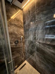 uma casa de banho com um chuveiro e uma porta de vidro em Altstadt Hotel Schwanen em Waldshut-Tiengen