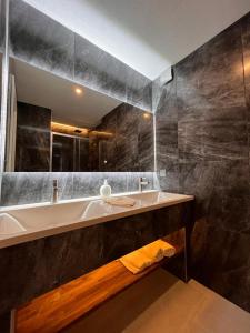 uma casa de banho com um lavatório e um espelho grande em Altstadt Hotel Schwanen em Waldshut-Tiengen