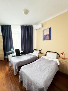 Cette chambre comprend deux lits et un bureau. dans l'établissement SIGNEEV'S Villa, à Kiev