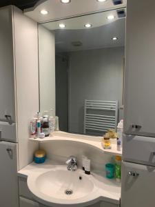 een badkamer met een wastafel en een grote spiegel bij Bospark Ede Huisje 31 in Ede