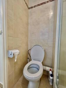 a small bathroom with a toilet and a shower at Quiet Studio Swimming Pool Roquebrune in Roquebrune-Cap-Martin