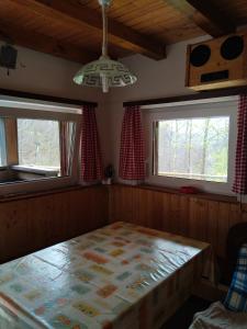 a room with a bed and two windows at Wooden Treasure in Jesenice