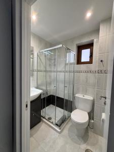 uma casa de banho com um chuveiro, um WC e um lavatório. em Apartamento Arena em Ribadesella