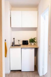 una pequeña cocina con armarios blancos y fregadero en Kassel Rooms en Kassel