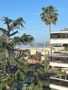 - une vue sur une ville avec des palmiers et un bâtiment dans l'établissement Beautiful apartment - Air Conditionning -Pool -10min Beach -Parking near, à Antibes