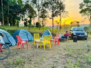 een groep stoelen voor de tenten bij Shrenya Orchidz-Coorg Nature Stay in Madikeri