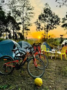 twee fietsen geparkeerd naast een tent en een bal bij Shrenya Orchidz-Coorg Nature Stay in Madikeri