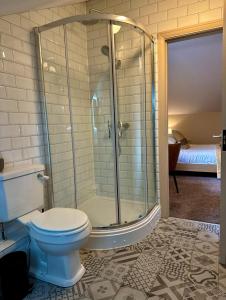 a bathroom with a toilet and a shower at The Alma Inn in Sowerby Bridge