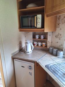 a small kitchen with a microwave and a refrigerator at Thornbury Holiday Park in Thornbury