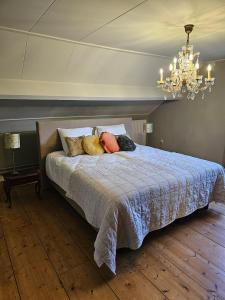 1 dormitorio con cama con almohadas y lámpara de araña en Logeerderij tussen Koe & Kroonluchter, en Diessen